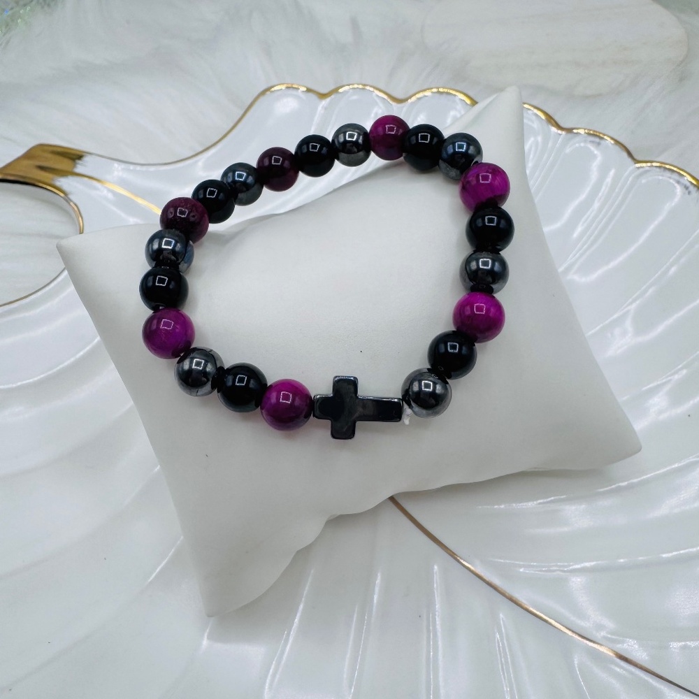 Purple/Pink & Black Beaded Cross Bracelet – Stretch Bracelet